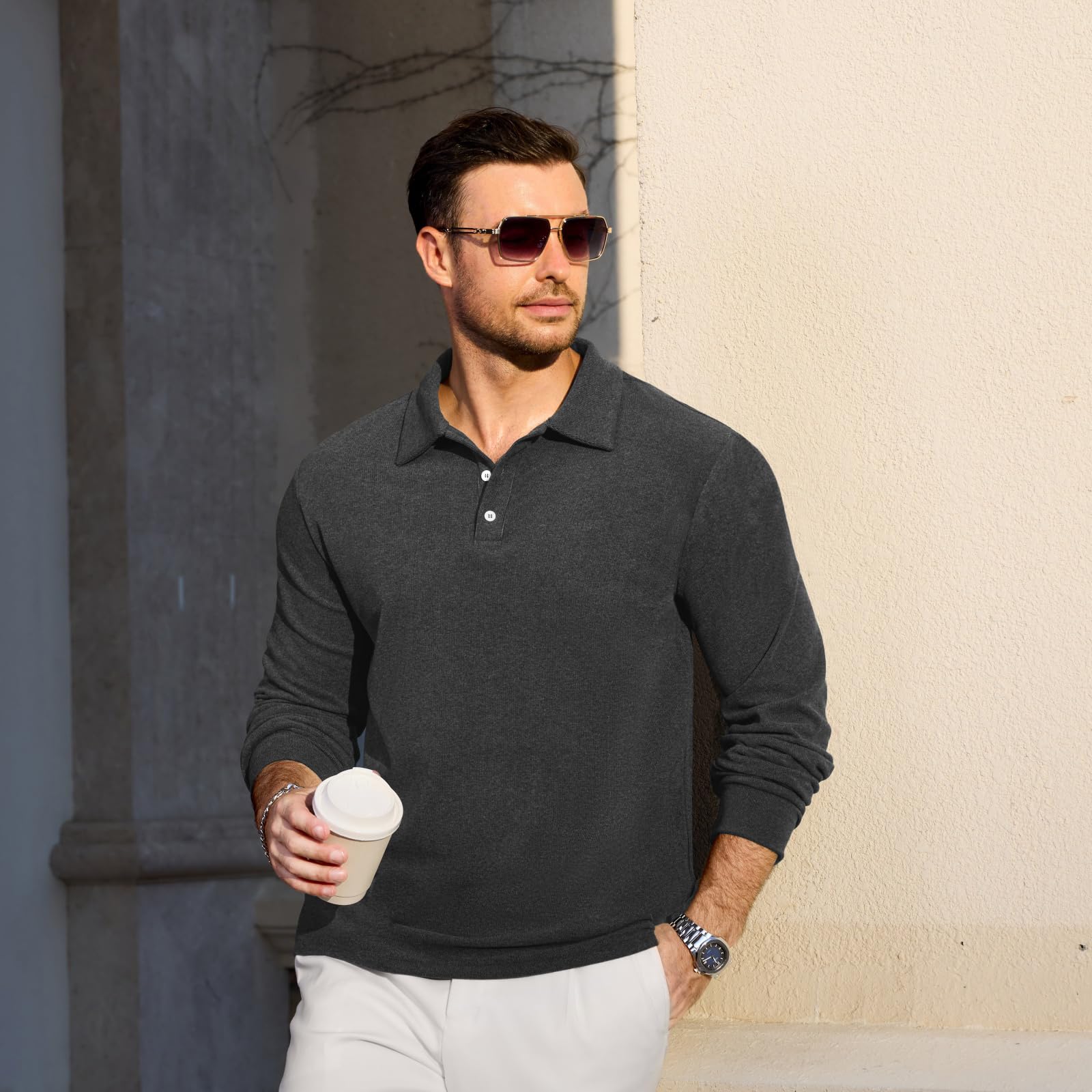 Men's Casual Polo Shirts Long Sleeve Basic Thermal Pullover Tops Classic Collar Solid Golf Shirts - Image 3