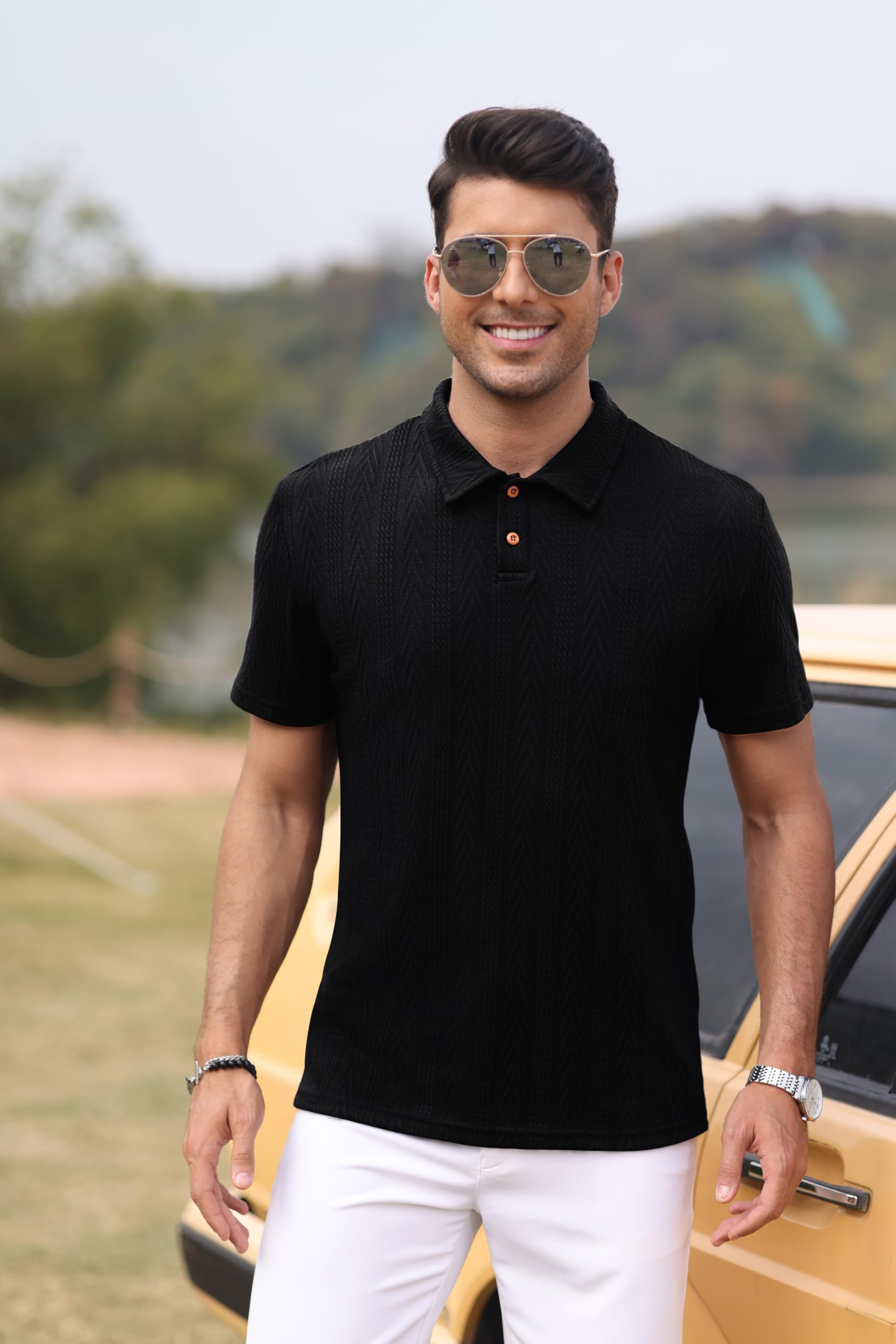 Men's Knit Polo Shirts Short Sleeve Casual Textured Golf Shirts Vintage Stretchy Summer Beach Tops - Image 3