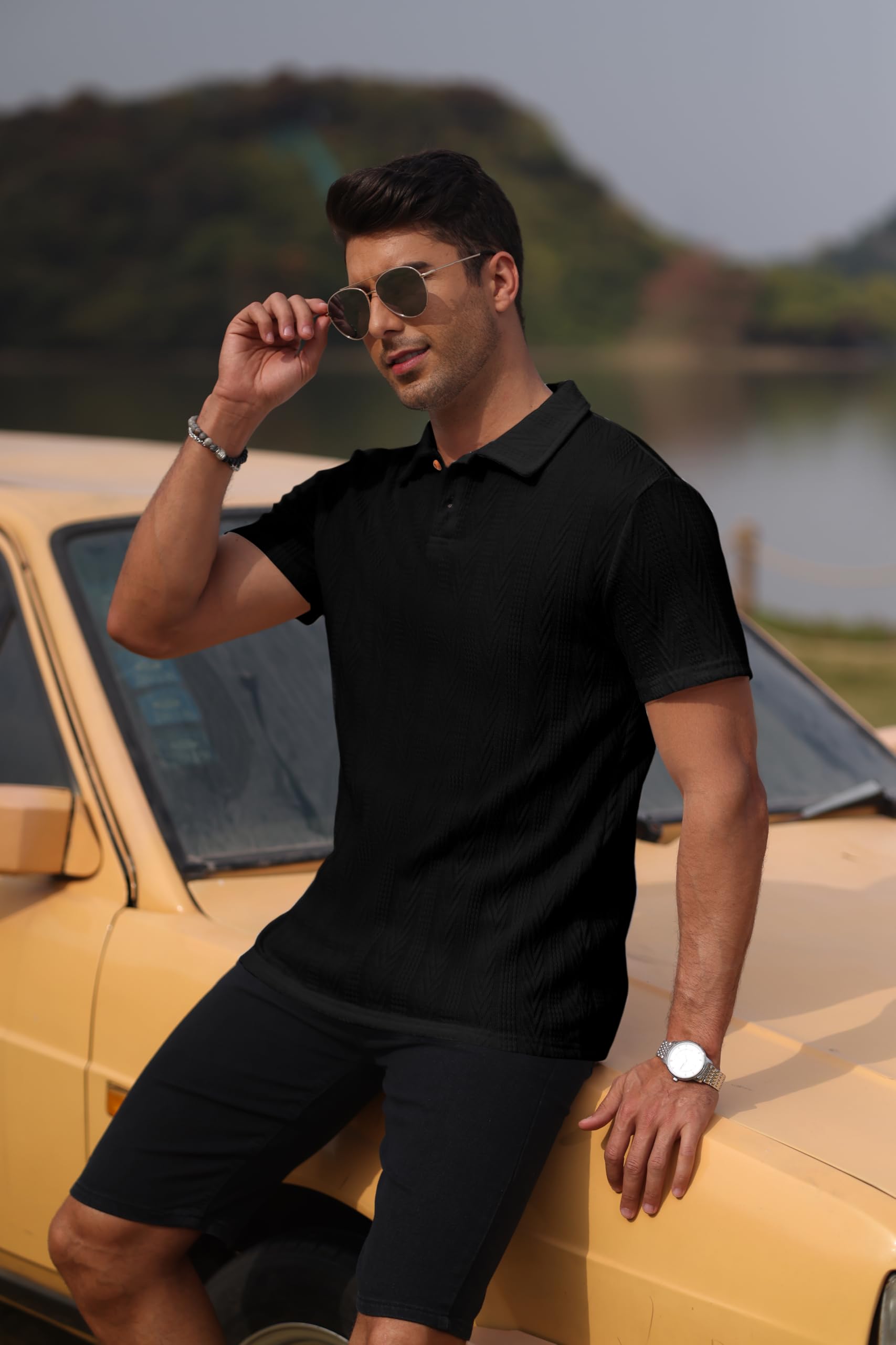 Men's Knit Polo Shirts Short Sleeve Casual Textured Golf Shirts Vintage Stretchy Summer Beach Tops - Image 4