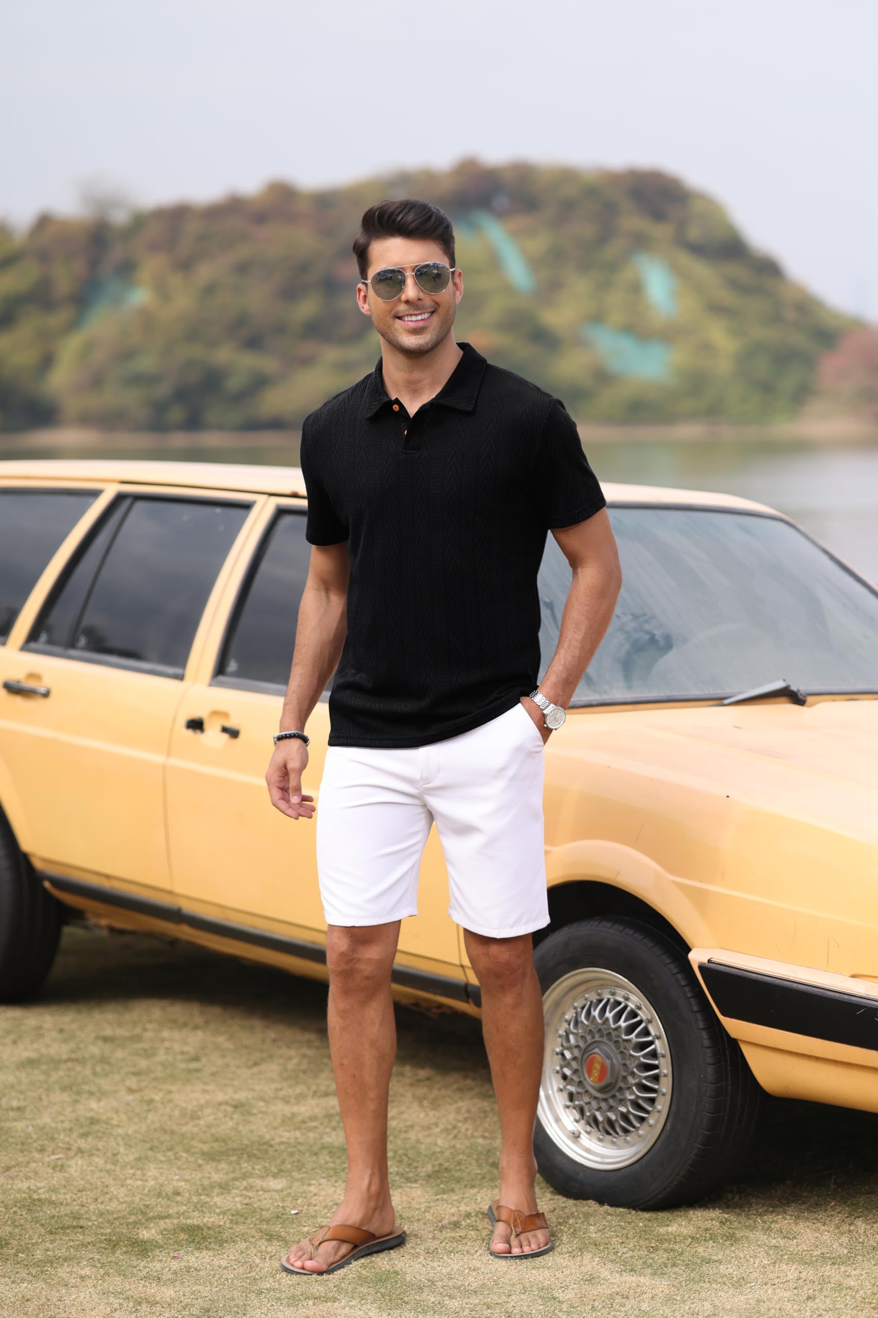 Men's Knit Polo Shirts Short Sleeve Casual Textured Golf Shirts Vintage Stretchy Summer Beach Tops - Image 5