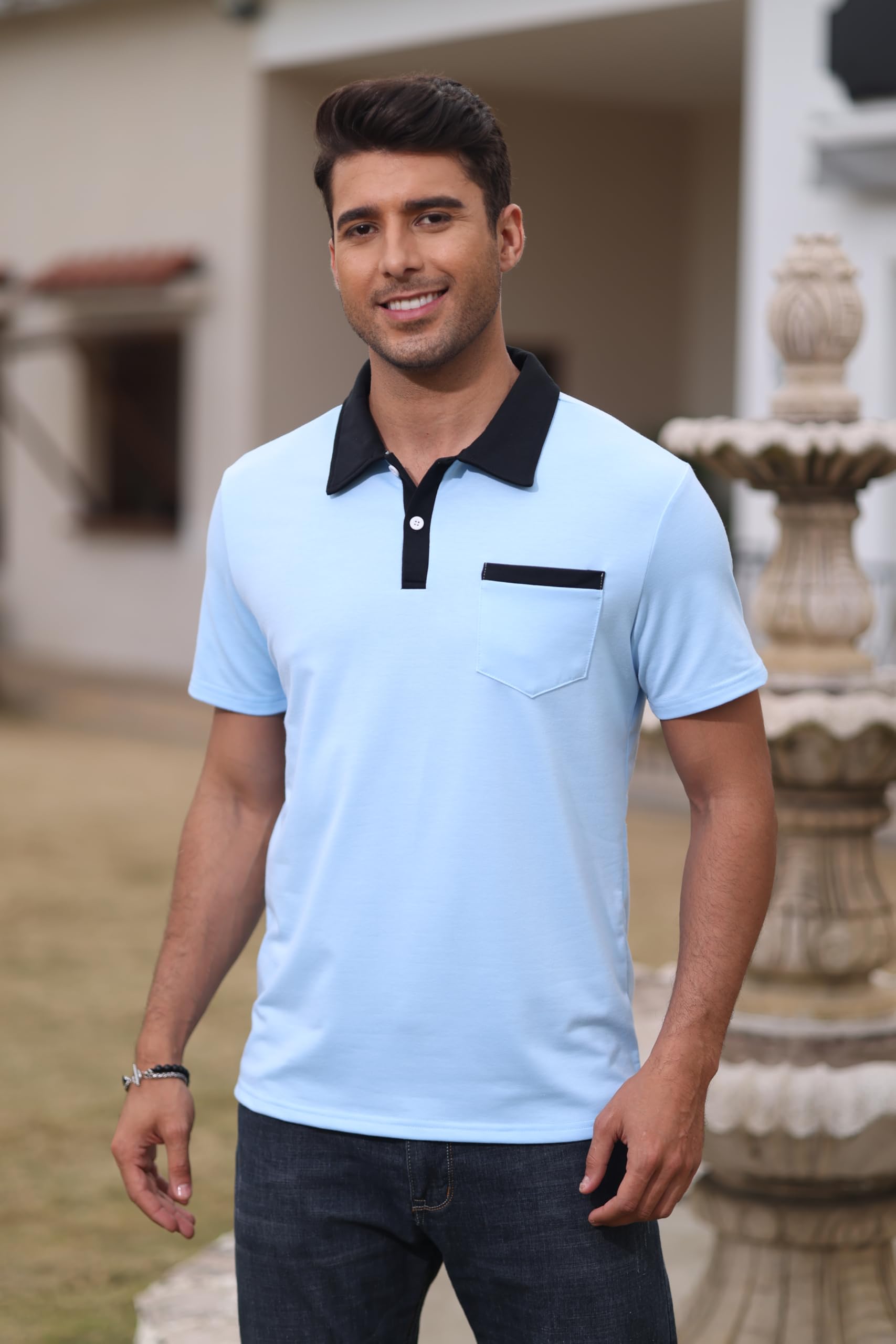 Mens Short Sleeve Polo Shirts Casual Summer Button Basic Shirt Classic Golf Fashion Tops with Pocket - Image 3