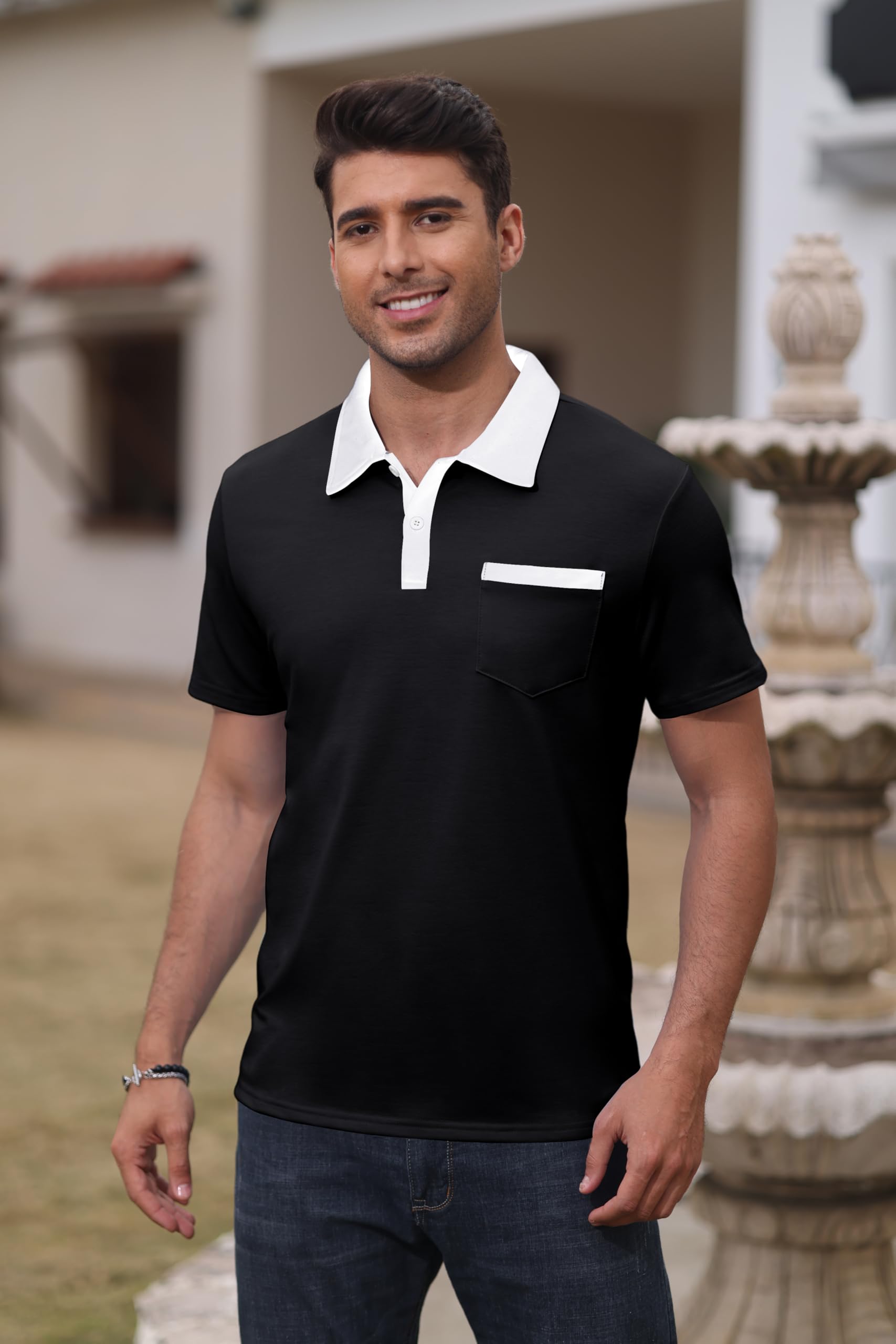 Mens Short Sleeve Polo Shirts Casual Summer Button Basic Shirt Classic Golf Fashion Tops with Pocket - Image 3