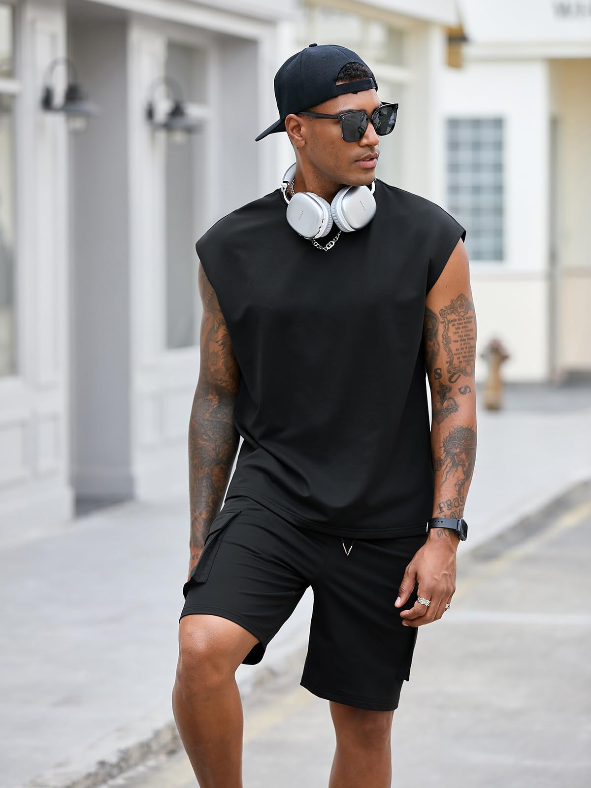 Opomelo Men's 2 Piece Short Set Summer Casual Tracksuit – Sleeveless Muscle Fit T Shirt and Shorts Outfit for Gym Workout - Image 3