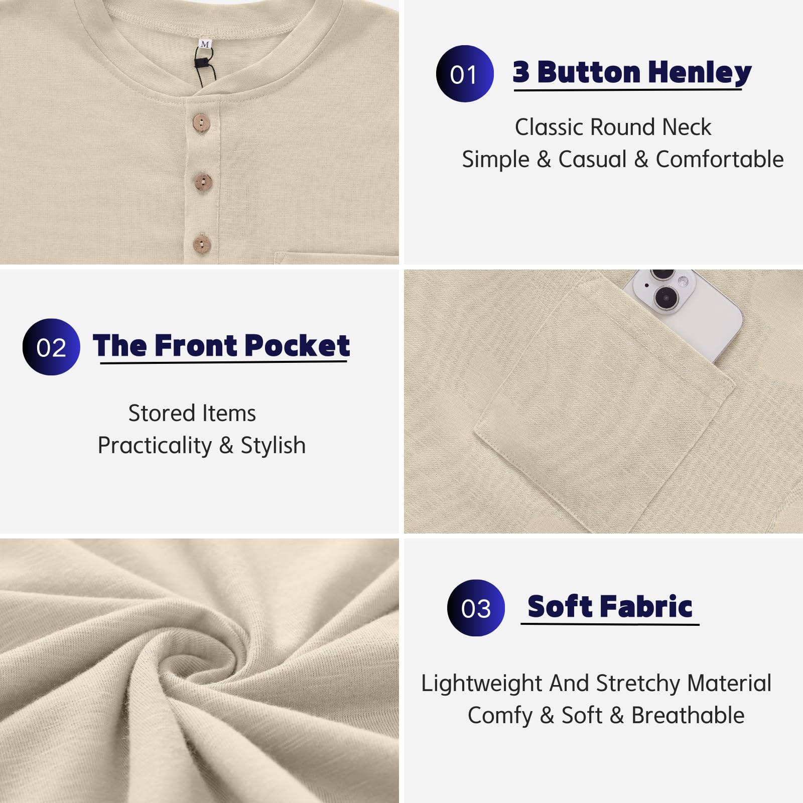 Opomelo Men's Henley Short Sleeve Shirt Summer Casual Button T Shirts Lightweight Basic Pocket Tee - Image 5