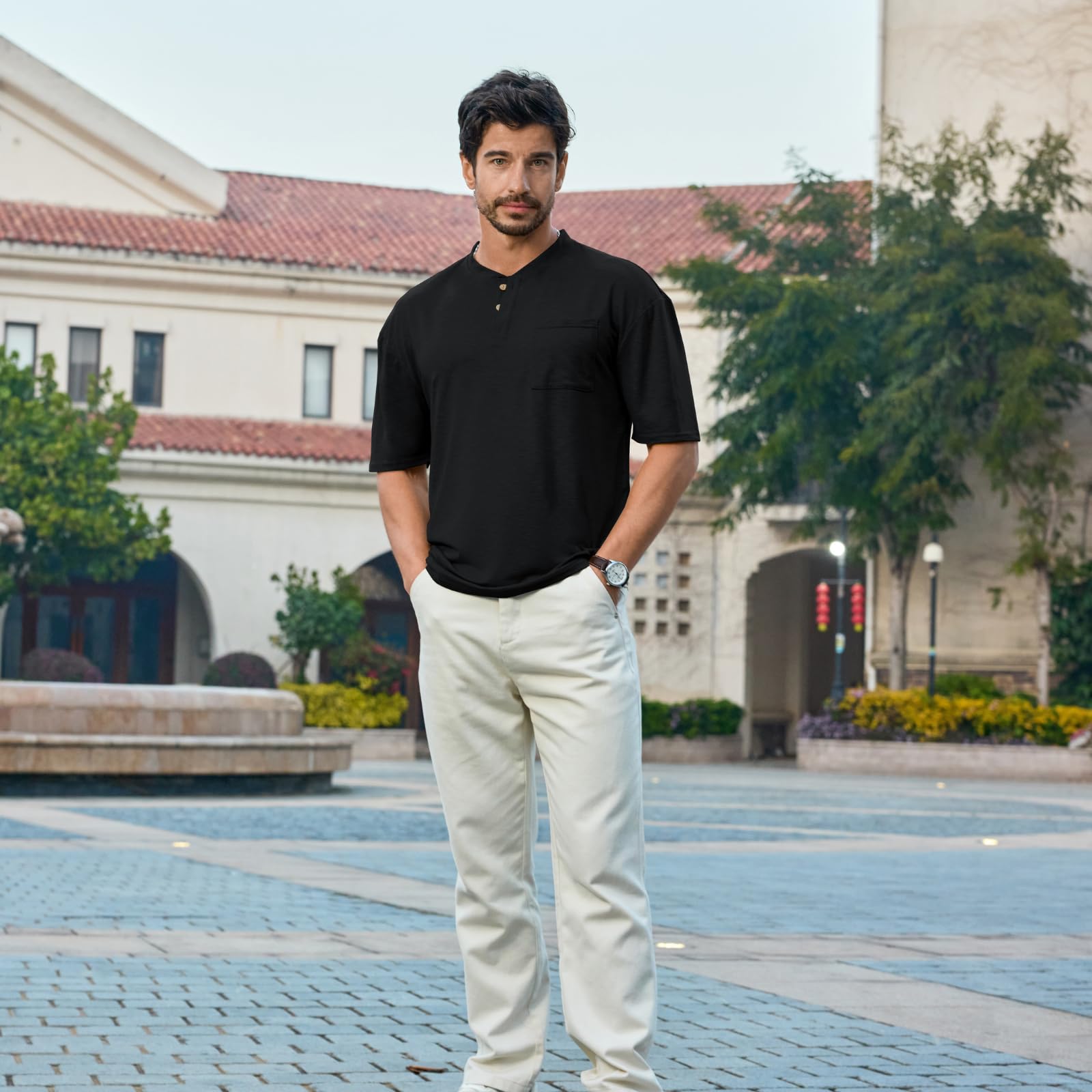 Opomelo Men's Henley Short Sleeve Shirt Summer Casual Button T Shirts Lightweight Basic Pocket Tee - Image 3