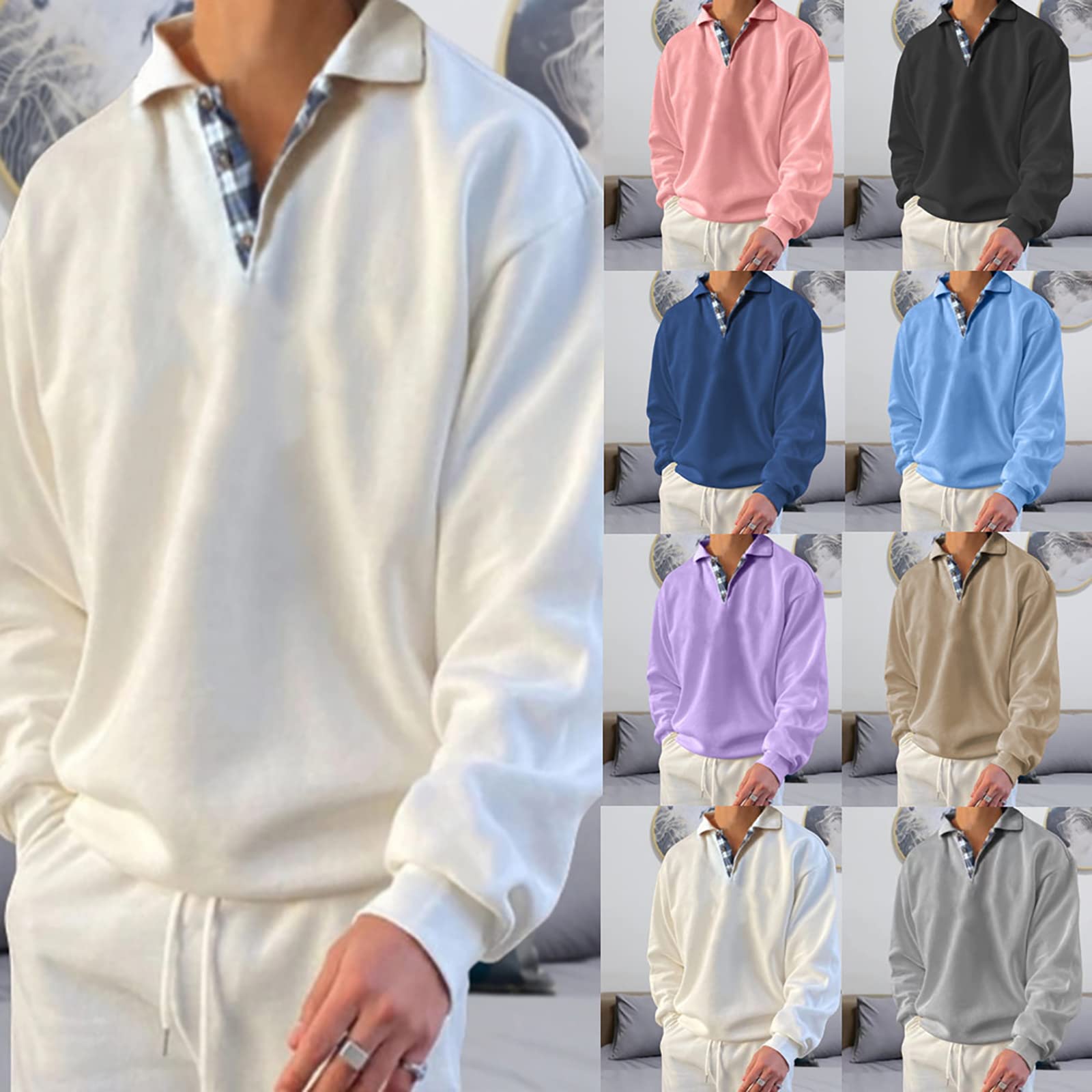 Opomelo Men's Long Sleeve Pullover Polo Shirts-Casual Loose Fit Sweatshirts V Neck Tops - Image 4