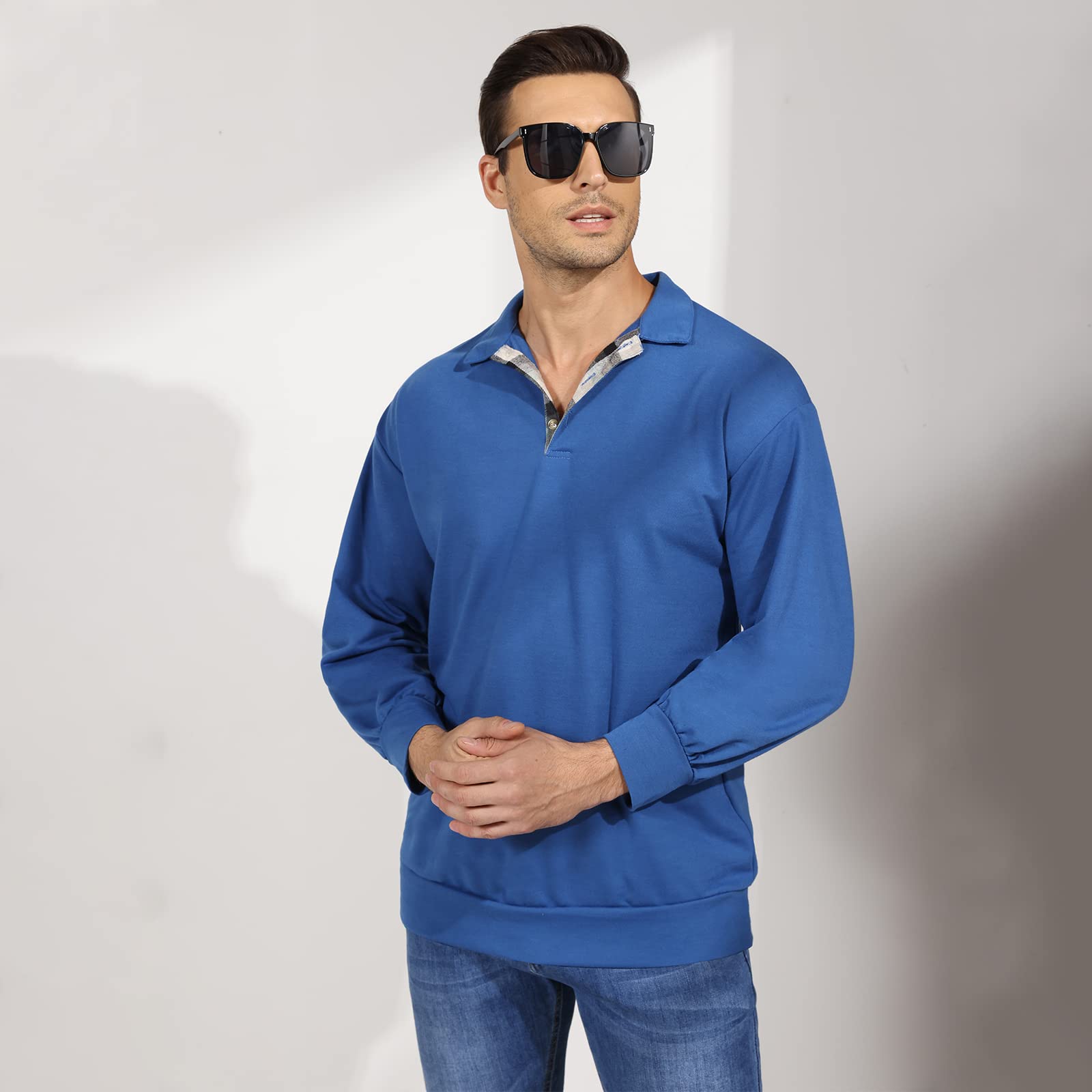 Opomelo Men's Long Sleeve Pullover Polo Shirts-Casual Loose Fit Sweatshirts V Neck Tops - Image 5