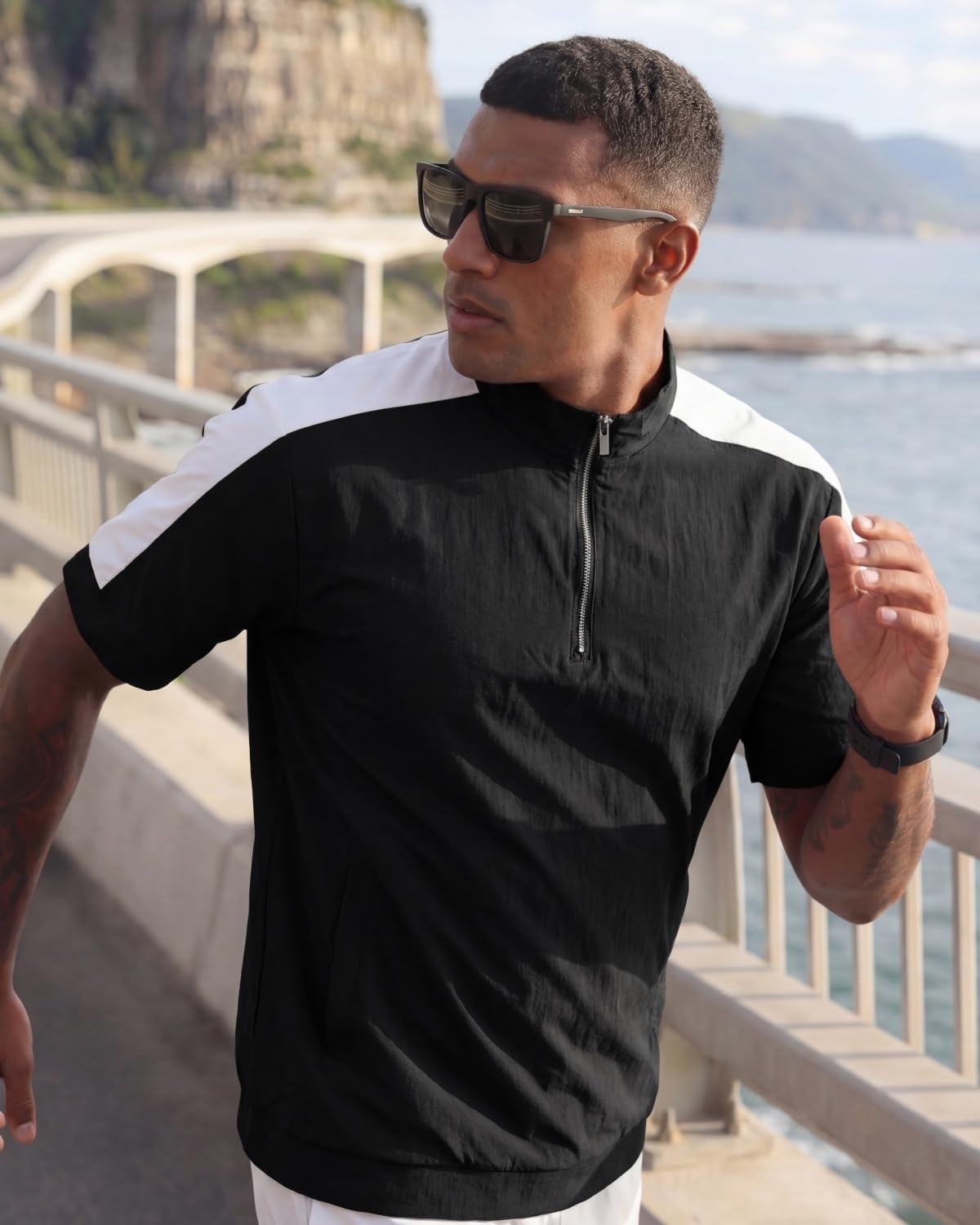 Opomelo Mens Cage Jacket Weather-Resistant Windbreaker Lightweight Short Sleeve Waterproof Workout Golf Polo Pullover - Image 3